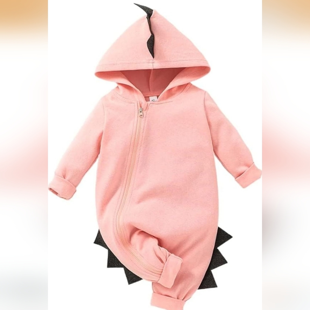 Baby Dino Hooded Romper in Light Pink